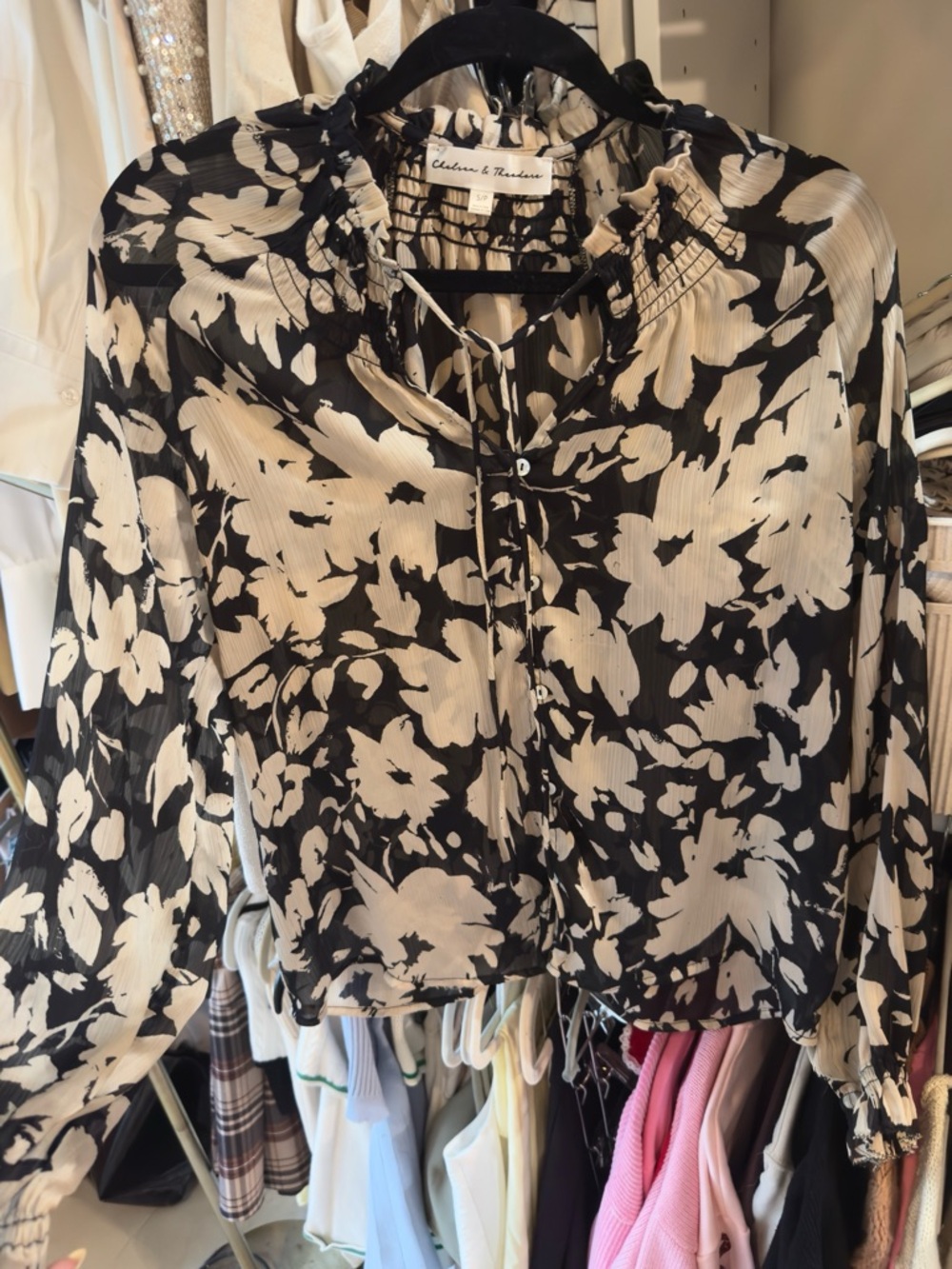 Chelsea & Theodore Black and White Floral Tie-Neck Blouse